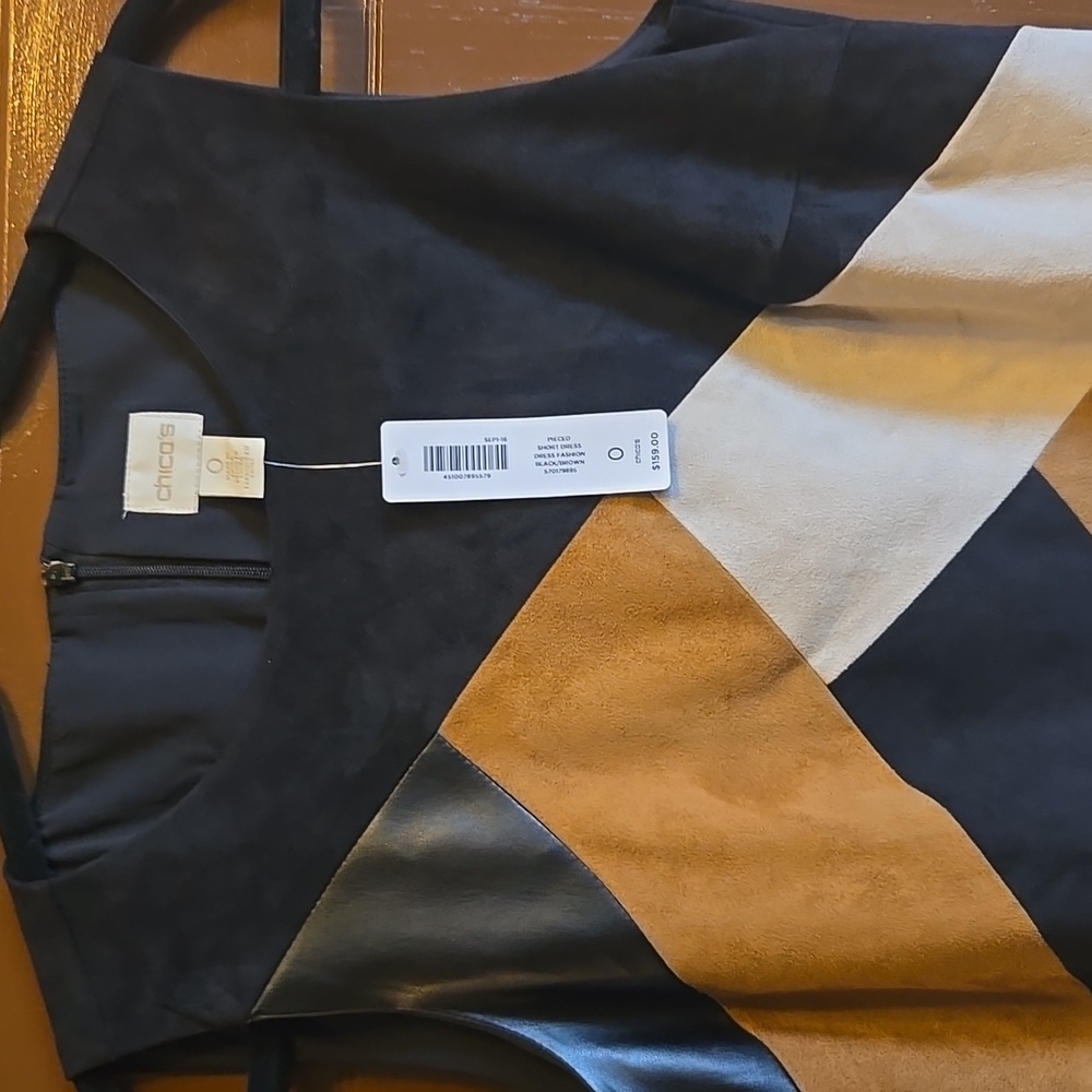 Chico's-Blk,tan, beige faux suede,faux leather patched dress Sz 0=S NWT. - Picture 2 of 10